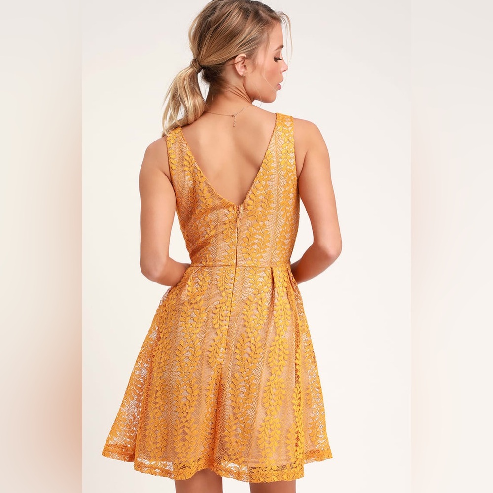 NWT Lulu’s All of My Heart Mustard Yellow Lace Skater Dress - Picture 4 of 7